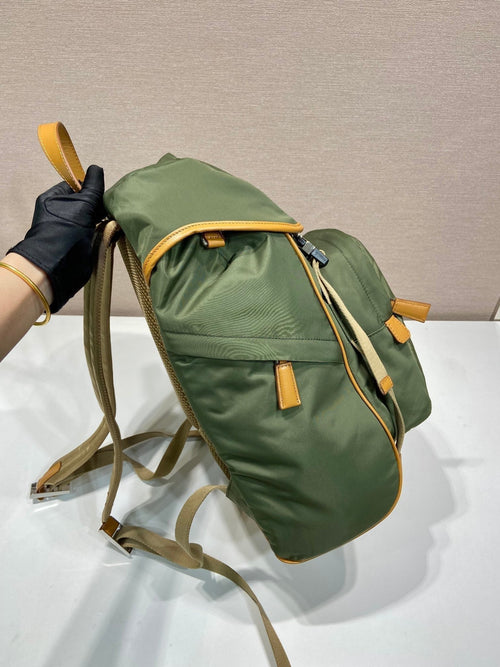 BACKPACK 45 IN SEAWEED GREEN RE-NYLON AND BROWN CALFSKIN TRIM
